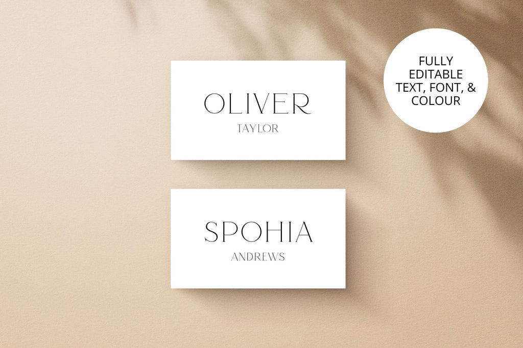 editable wedding place cards template flat lay, modern serif name card design, canva editable wedding stationery, neutral beige background minimal wedding name tags