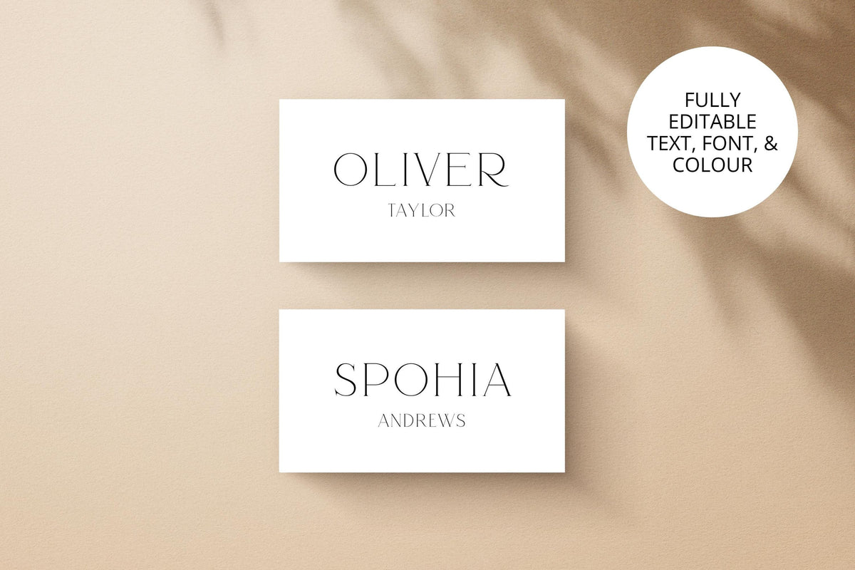 editable wedding place cards template flat lay, modern serif name card design, canva editable wedding stationery, neutral beige background minimal wedding name tags