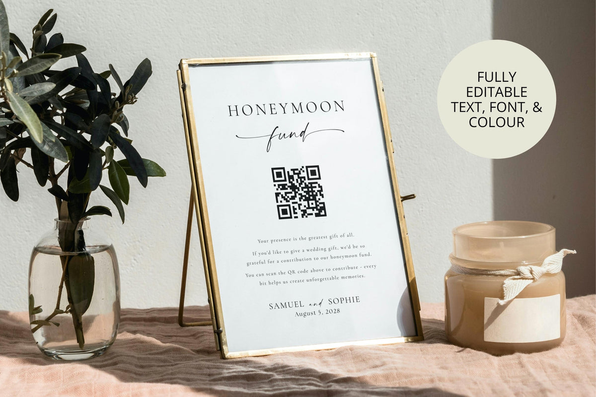 honeymoon fund sign editable canva template – minimalist wedding signage bundle with qr code and modern frame mockup, printable honeymoon fund card sign