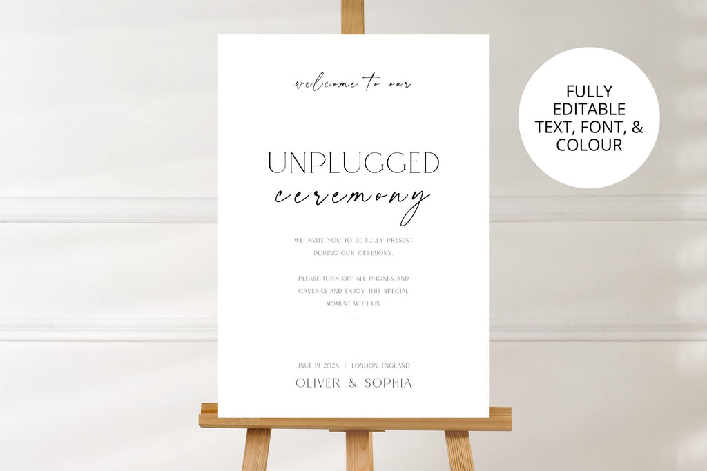 fully editable unplugged ceremony sign template canva, minimalist wedding sign printable, modern serif script wedding signage, neutral wedding decor sign, instant download wedding template