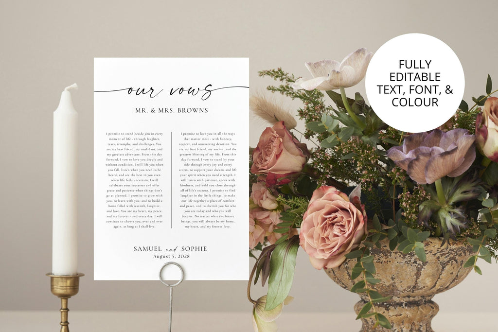 Wedding vows print with floral decor and gold frame – editable our vows printable keepsake, romantic wedding anniversary gift digital template for couples.