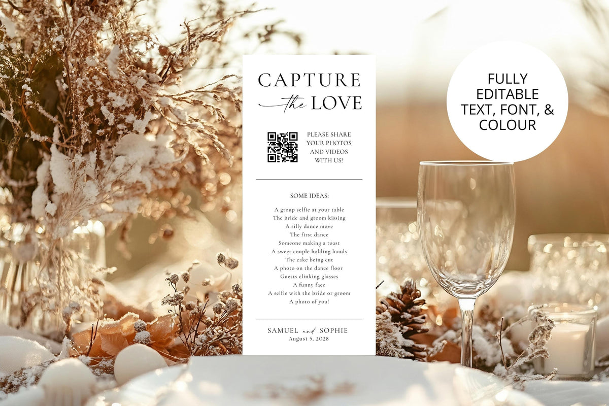 Winter wedding printable photo hunt game and QR code sign with Christmas theme, editable in Canva, I Spy and Capture the Love designs