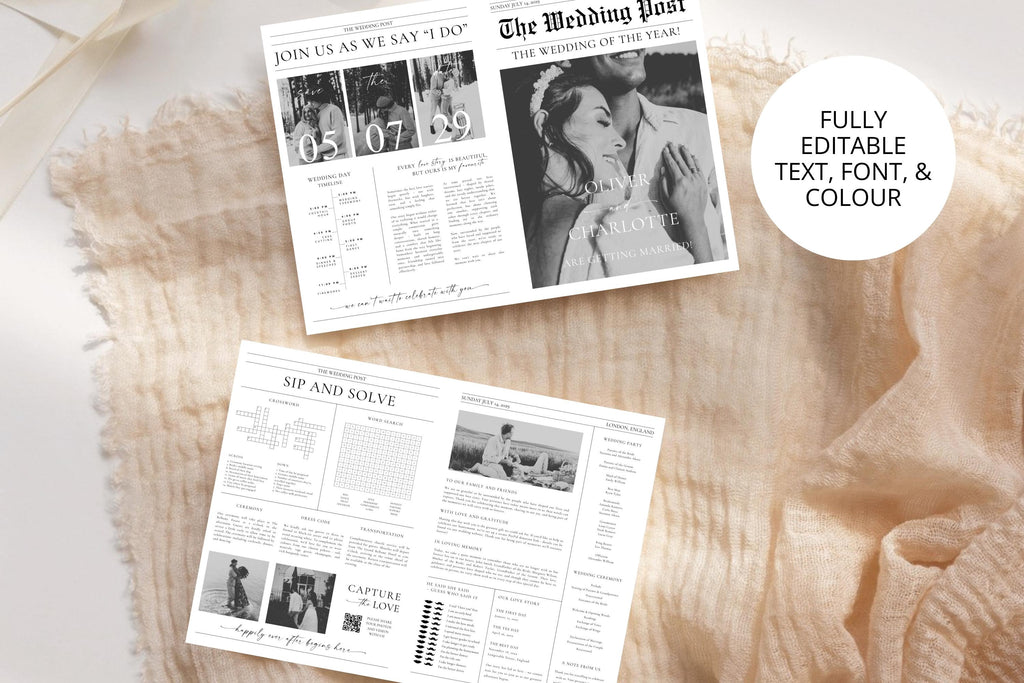 Editable wedding newspaper template flat lay, custom wedding newspaper with photos and timeline, printable wedding program newspaper favor, instant download Canva template