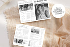 Editable wedding newspaper template flat lay, custom wedding newspaper with photos and timeline, printable wedding program newspaper favor, instant download Canva template