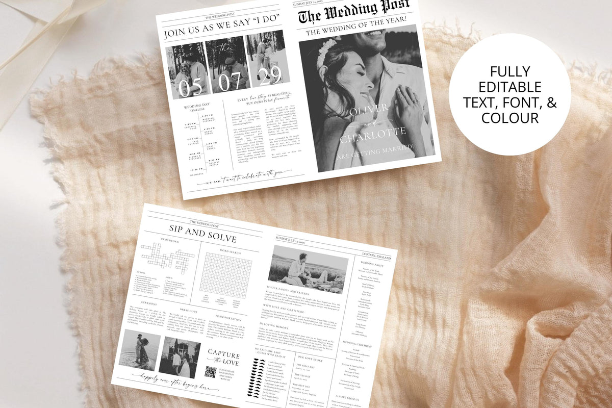 Editable wedding newspaper template flat lay, custom wedding newspaper with photos and timeline, printable wedding program newspaper favor, instant download Canva template