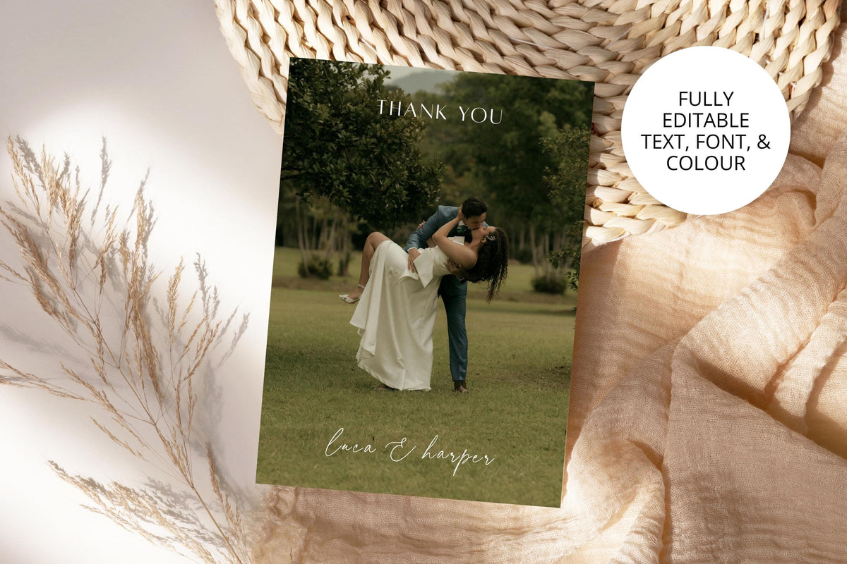 Editable photo wedding thank you card featuring a bride and groom photograph, delicate thank you heading and script names, styled on textured neutral fabric. Badge highlights editable text, font and colour.