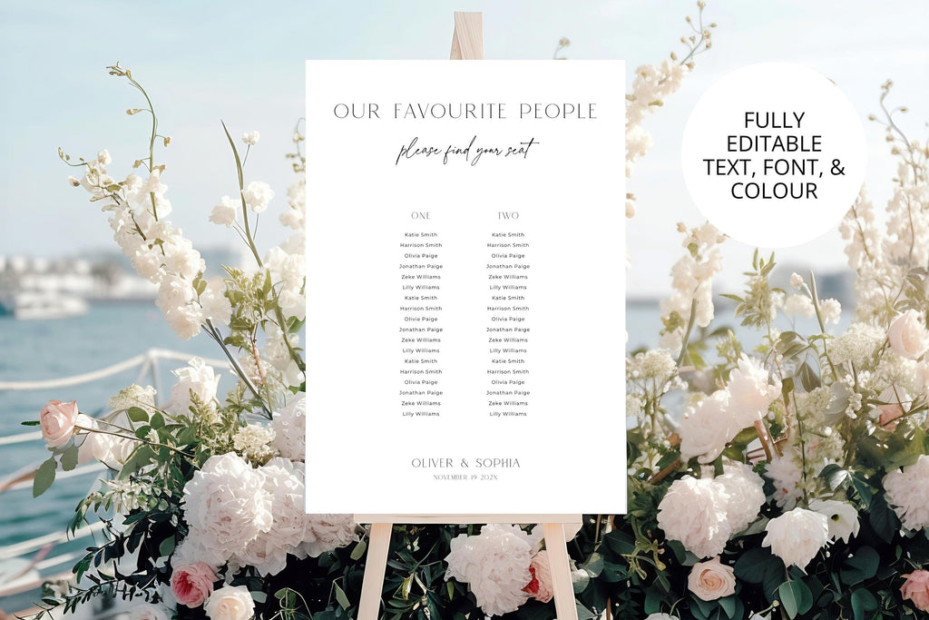 Beach wedding seating chart template with ocean backdrop and florals, coastal wedding seating plan sign editable in Canva, minimalist elegant seating chart printable for destination wedding