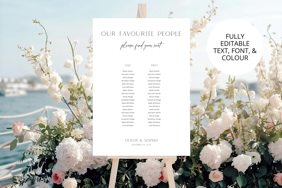 Beach wedding seating chart template with ocean backdrop and florals, coastal wedding seating plan sign editable in Canva, minimalist elegant seating chart printable for destination wedding