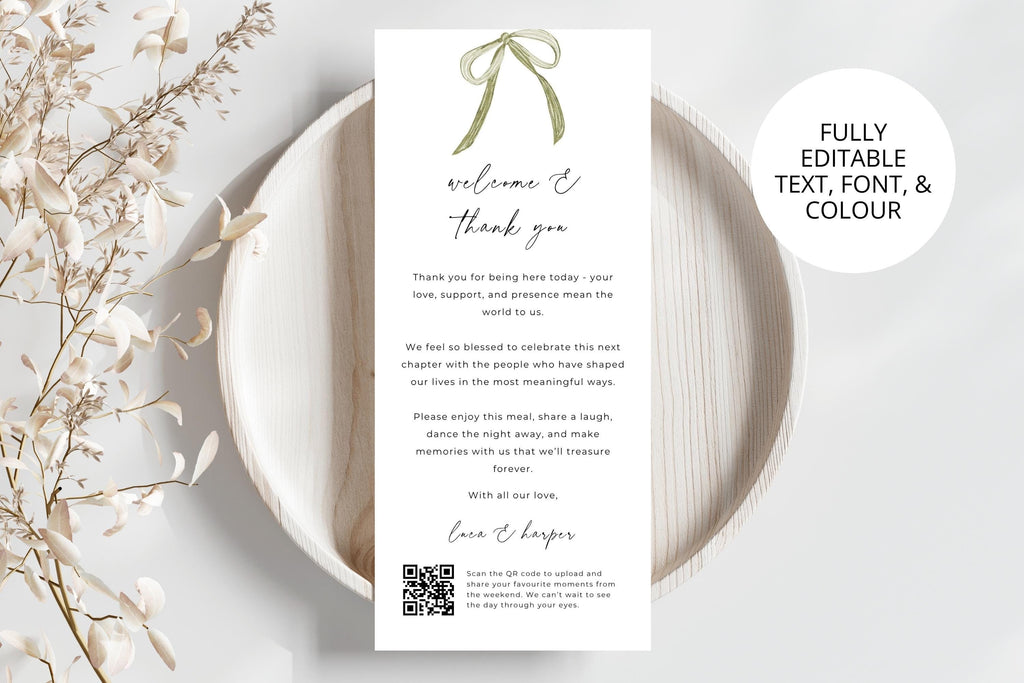 Personalised wedding guest thank you letter template featuring a delicate sage green bow and elegant typography, displayed on white plates with neutral dried stems. Customise the text, fonts and colours in Canva.