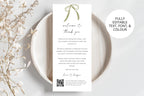 Personalised wedding guest thank you letter template featuring a delicate sage green bow and elegant typography, displayed on white plates with neutral dried stems. Customise the text, fonts and colours in Canva.