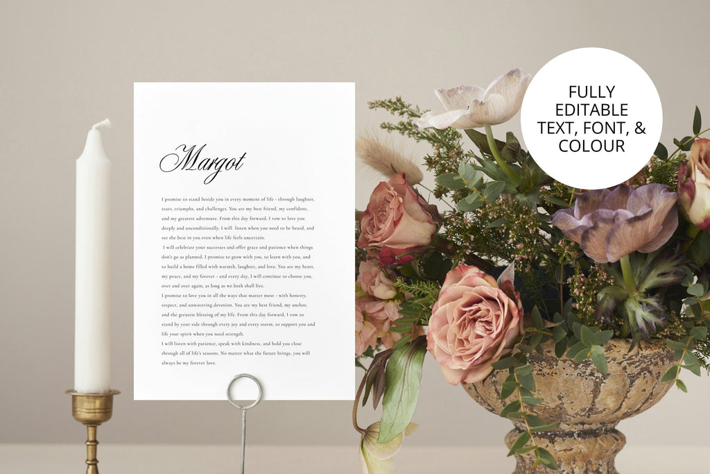 Editable wedding vows keepsake template displayed on a small stand beside pink roses and a white candle, featuring customisable text, fonts and colours for personalised vow artwork.