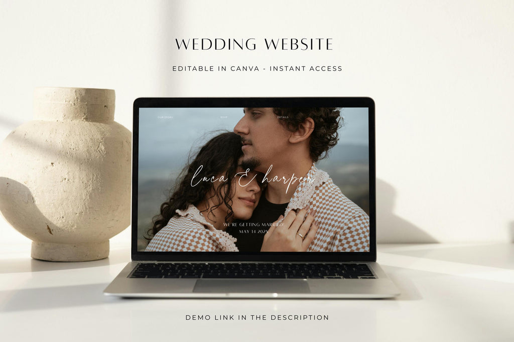 Editable wedding website template displayed on a laptop, coordinating with the burgundy botanical wedding stationery and signage collection.