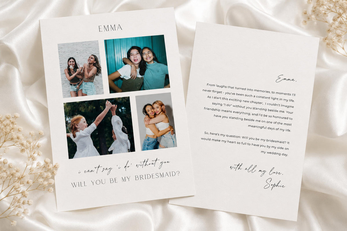 Editable bridesmaid proposal card template with photo collage, printable bridesmaid proposal card, Canva wedding party proposal card, personalised bridesmaid gift card, instant download wedding stationery template, modern photo bridesmaid proposal keepsake.