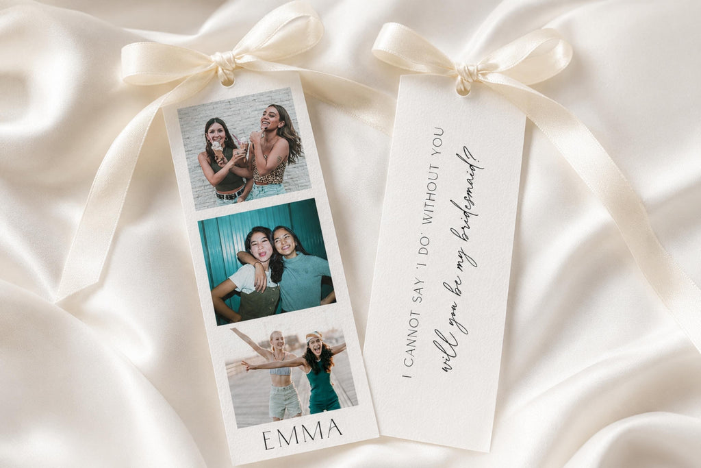 Bridesmaid proposal photo strip bookmark template mockup featuring personalised wedding photo booth style bookmark with satin ribbon, editable Canva bridesmaid proposal gift, printable bridesmaid keepsake bookmark, DIY wedding party proposal card, elegant bridal party invitation idea.