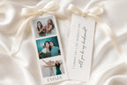 Bridesmaid proposal photo strip bookmark template mockup featuring personalised wedding photo booth style bookmark with satin ribbon, editable Canva bridesmaid proposal gift, printable bridesmaid keepsake bookmark, DIY wedding party proposal card, elegant bridal party invitation idea.