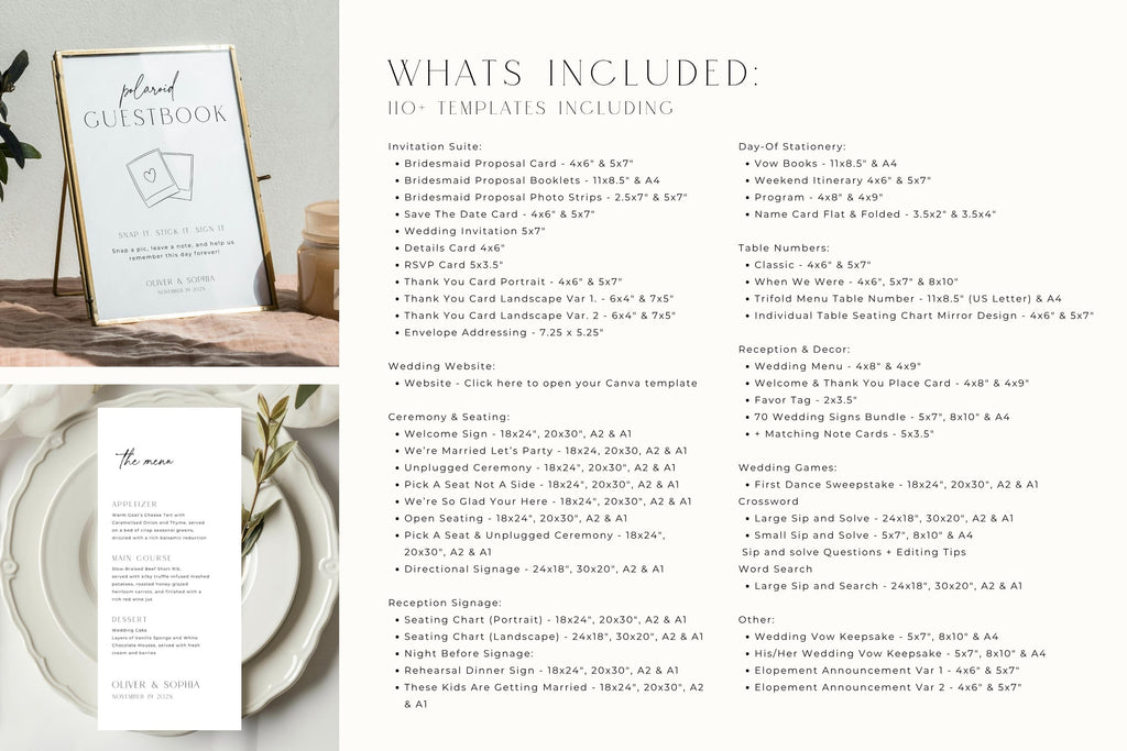 Editable wedding template bundle inclusions, wedding Canva templates list, wedding signs and stationery package, printable wedding planning templates, instant download wedding bundle