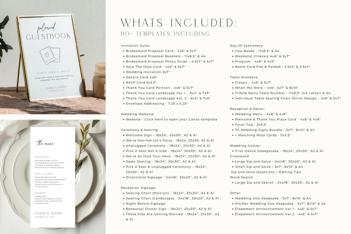 Editable wedding template bundle inclusions, wedding Canva templates list, wedding signs and stationery package, printable wedding planning templates, instant download wedding bundle