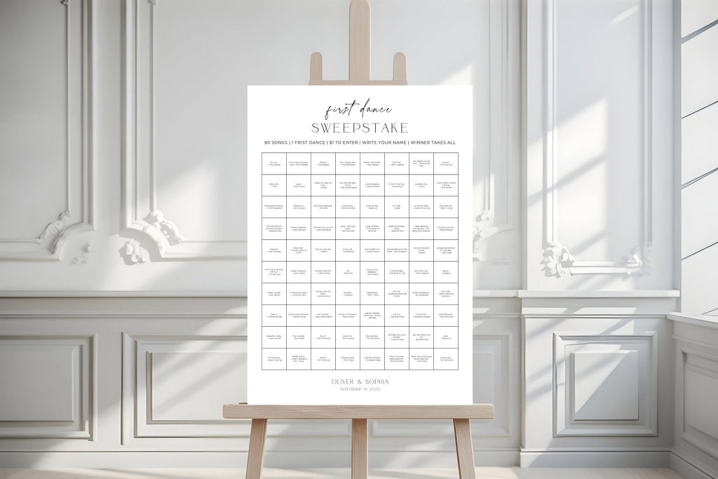 Editable first dance song sign template, minimalist wedding sign printable, modern wedding reception game poster, wedding music guessing game sign, neutral wedding decor sign, instant download Canva template, elegant wedding signage