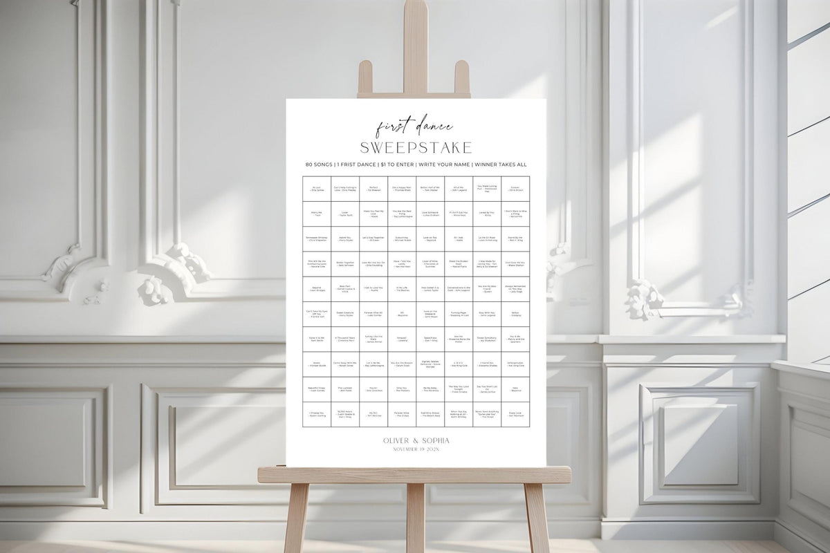 Editable first dance song sign template, minimalist wedding sign printable, modern wedding reception game poster, wedding music guessing game sign, neutral wedding decor sign, instant download Canva template, elegant wedding signage