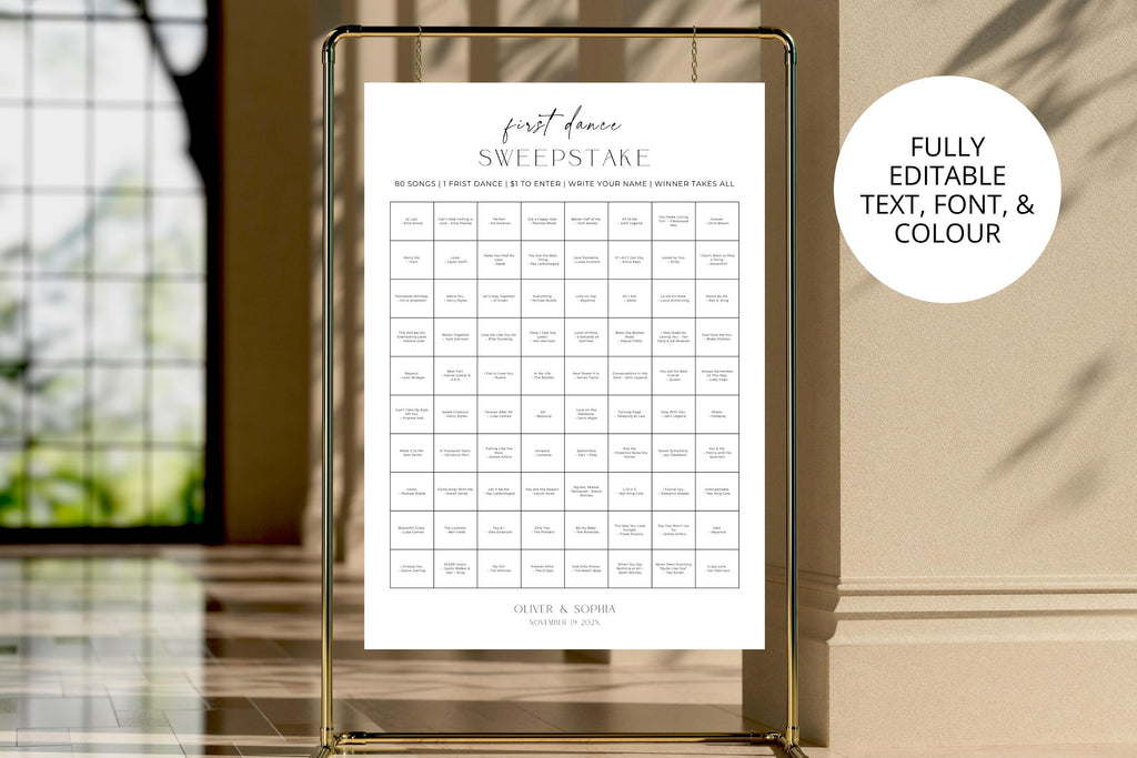 Fully editable wedding first dance song sign template, change text font and colours Canva template, customizable wedding reception game sign, printable wedding activity poster, instant download wedding signage, modern wedding decor