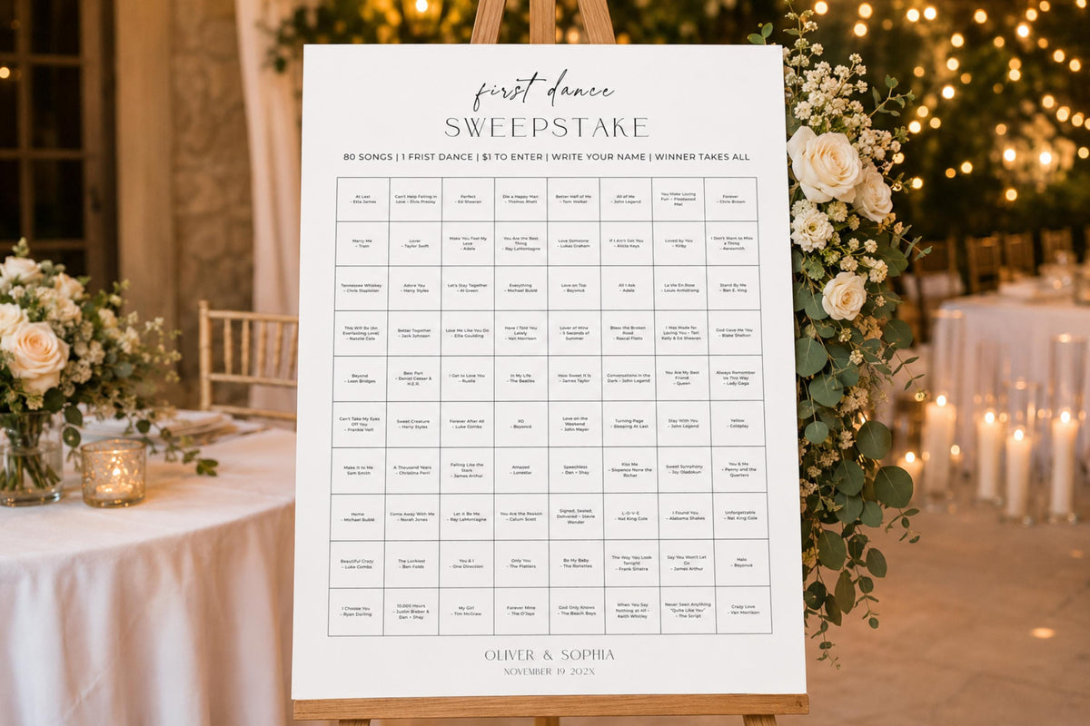 Wedding first dance song challenge sign template, guess the first dance song wedding game, editable wedding reception sign, printable wedding activity poster, elegant wedding entertainment sign, minimalist Canva wedding template, interactive guest experience
