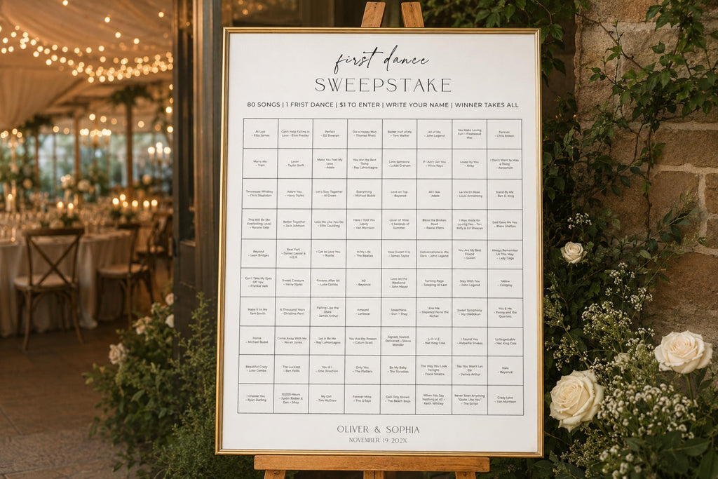 Editable wedding first dance song sign template, wedding song seating chart alternative, first dance song guest game sign, printable wedding reception activity sign, modern minimalist wedding decor, editable Canva wedding sign, music lover wedding poster