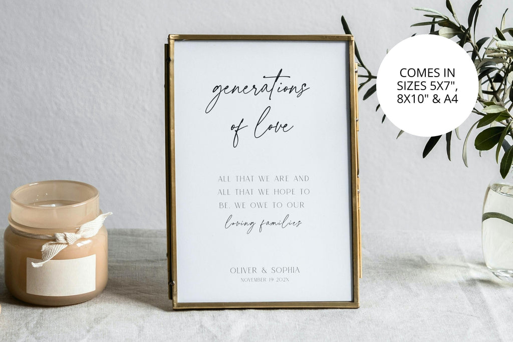 Editable Generations of Love printable wedding sign in gold frame with candles, family generations wedding sign template, minimalist wedding decor, instant download Canva