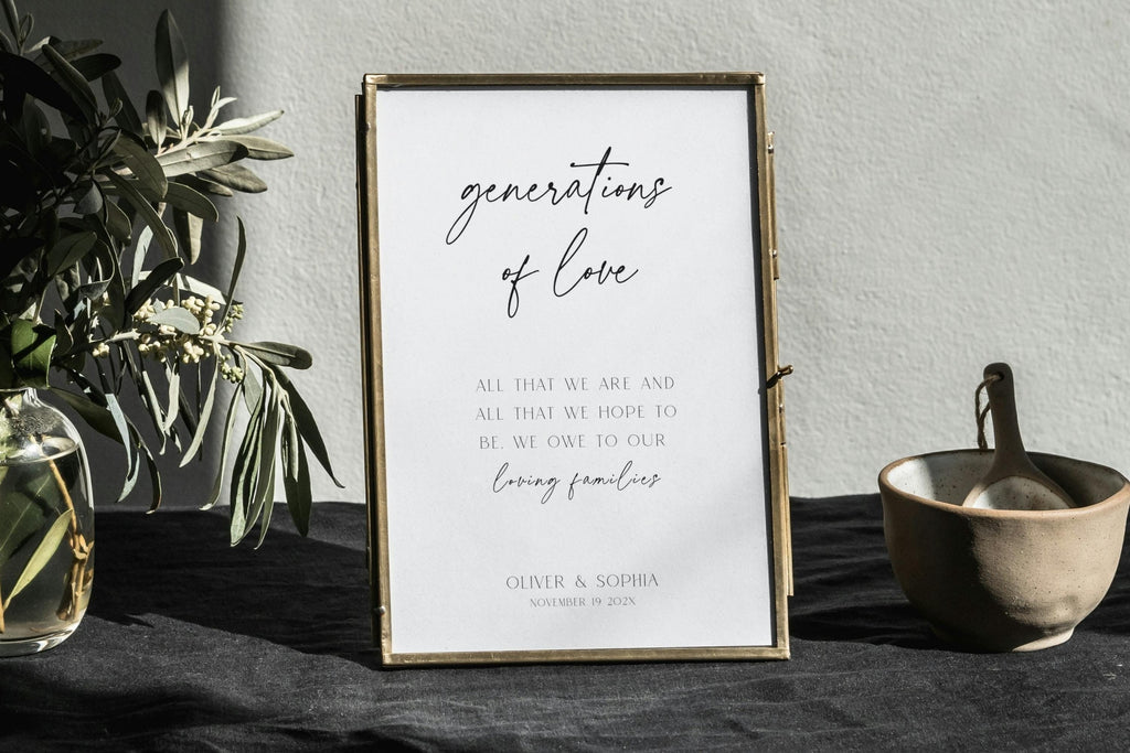 Modern Generations of Love wedding sign template styled on wedding welcome table, printable family generations wedding sign, elegant minimalist Canva template
