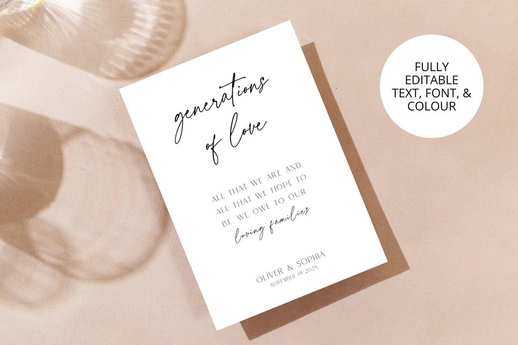 Editable Generations of Love wedding sign template flat lay, printable family generations keepsake wedding sign, minimalist wedding printable, instant download Canva