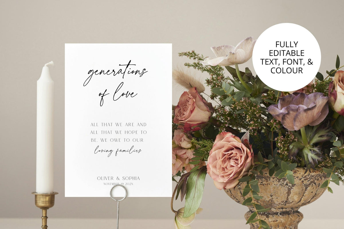 Editable Generations of Love wedding sign template with floral wedding styling, printable family generations keepsake sign, modern minimalist wedding decor Canva template