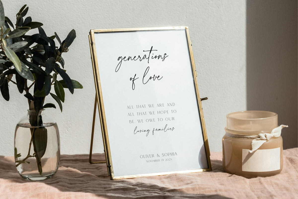 Printable Generations of Love wedding sign in gold frame, editable family generations wedding sign template, elegant wedding welcome table decor, instant download Canva