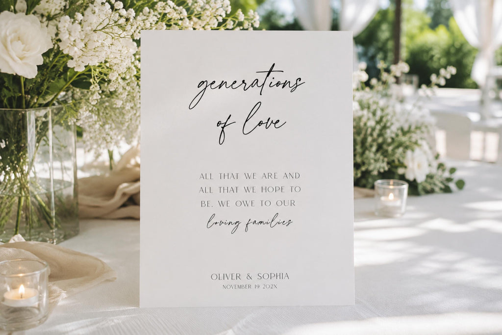 Editable Generations of Love wedding sign template displayed on wedding reception table, printable family generations wedding sign, minimalist elegant wedding decor Canva template