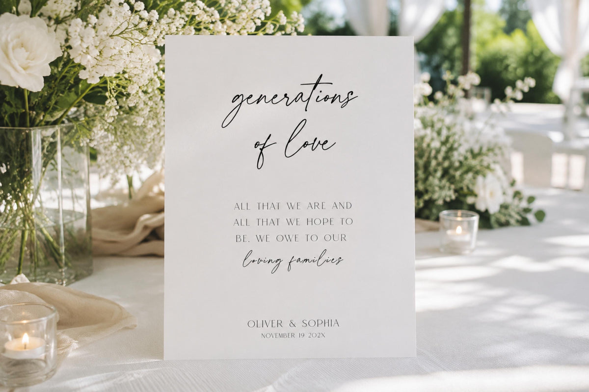 Editable Generations of Love wedding sign template displayed on wedding reception table, printable family generations wedding sign, minimalist elegant wedding decor Canva template