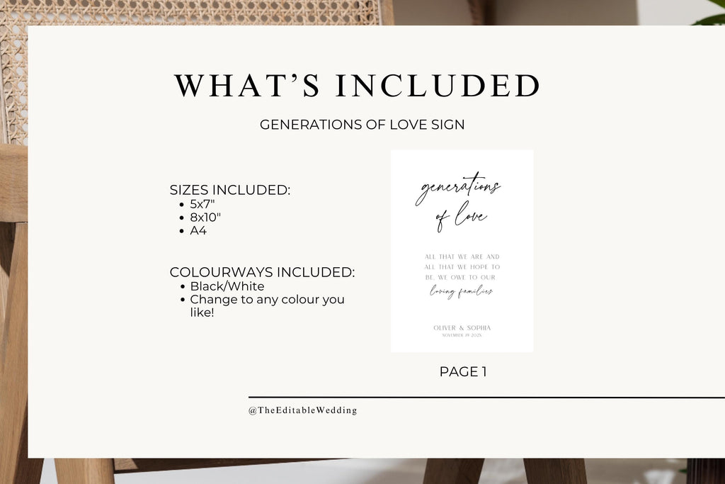 What's Included for editable Generations of Love wedding sign template, Canva wedding sign instant download, printable wedding decor template with multiple sizes included