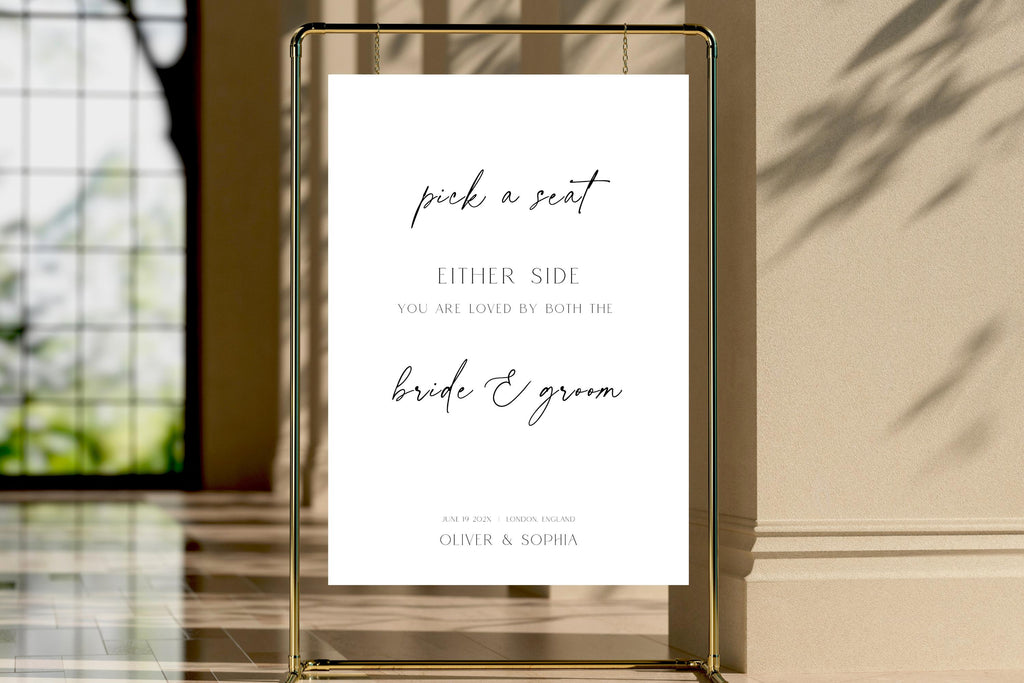 Elegant Editorial Pick a Seat Not a Side Wedding Sign Template, Luxury Minimalist Ceremony Seating Sign, Editable Printable Wedding Decor Download