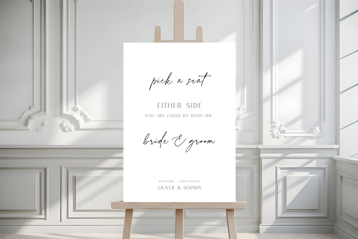 Minimalist Pick a Seat Not a Side Wedding Sign with Editorial White Interior Background, Editable Wedding Ceremony Sign Template, Printable Canva Download