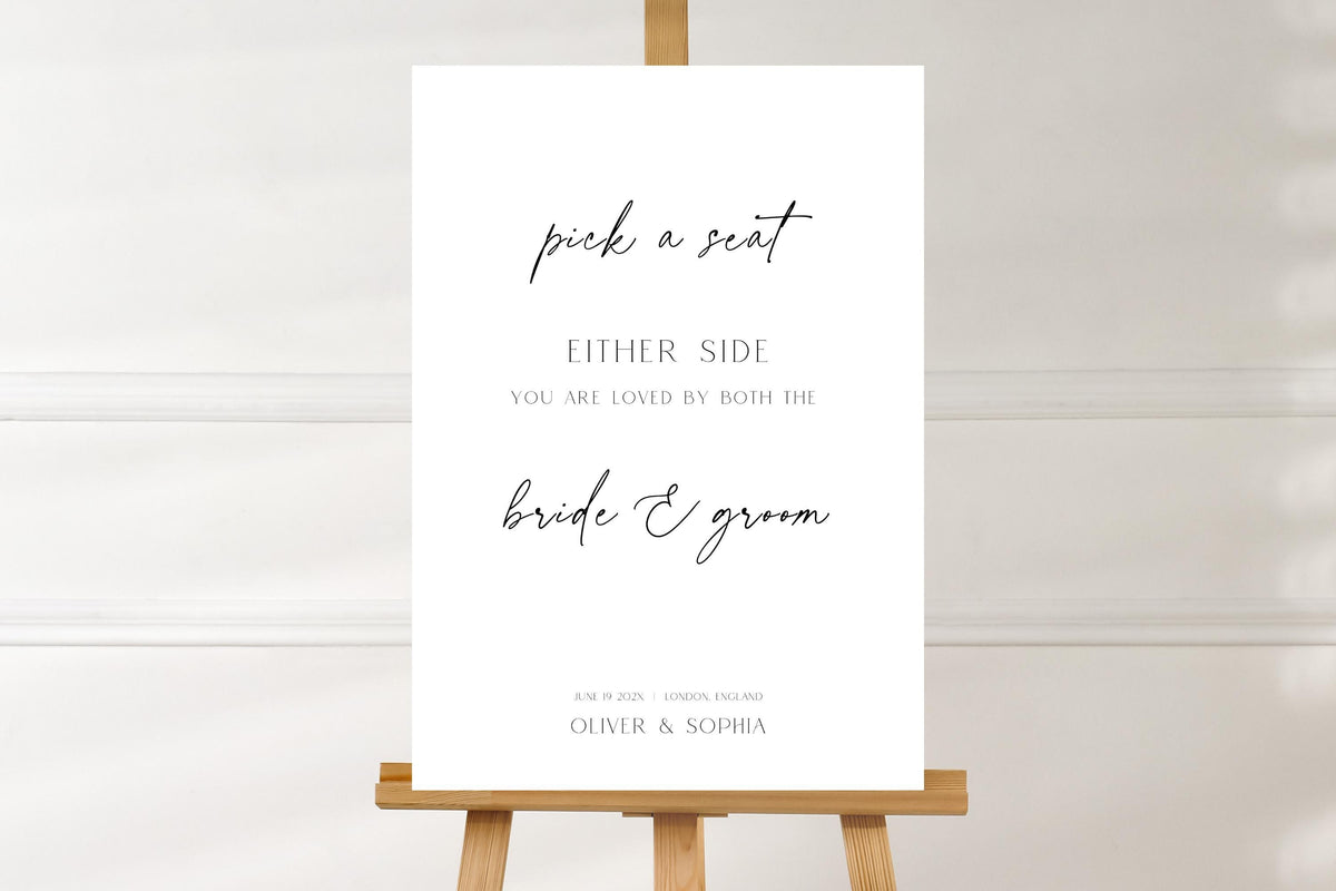 Minimalist Pick a Seat Wedding Sign Mockup, Printable Wedding Ceremony Seating Sign Template, Modern Black and White Wedding Decor Canva Template
