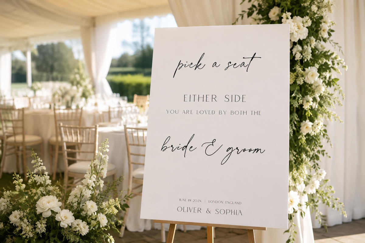 Printable Pick a Seat Not a Side Wedding Ceremony Sign on Easel, Elegant Minimalist Wedding Sign Template, Fully Editable Canva Wedding Seating Sign Download