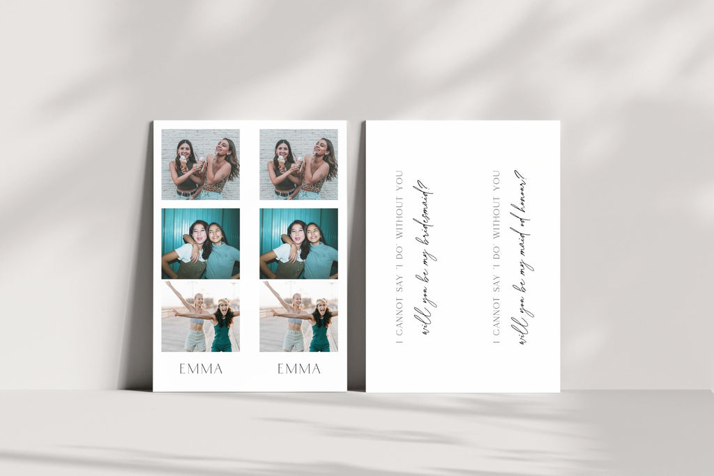 Front and back bridesmaid proposal bookmark template shown together on neutral background, personalised photo strip bookmark Canva template, printable wedding party proposal gift, bridal keepsake bookmark, editable wedding stationery download.