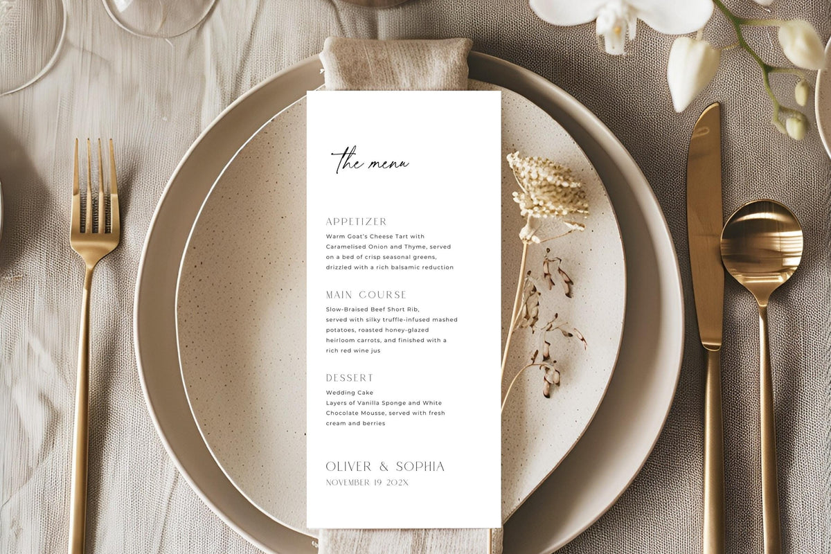 warm neutral wedding menu template place setting, gold cutlery and beige tones, editable canva wedding menu card, timeless minimalist wedding reception stationery design
