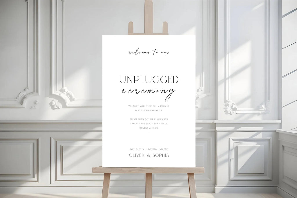 editable unplugged ceremony sign template canva, minimalist wedding signage printable, modern wedding welcome sign, clean white aesthetic wedding decor, indoor wedding ceremony sign mockup