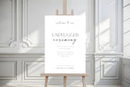 editable unplugged ceremony sign template canva, minimalist wedding signage printable, modern wedding welcome sign, clean white aesthetic wedding decor, indoor wedding ceremony sign mockup