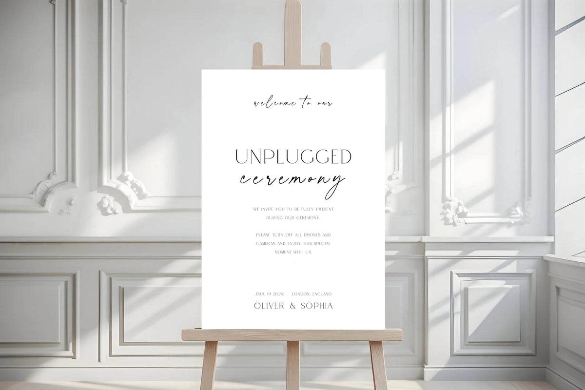 editable unplugged ceremony sign template canva, minimalist wedding signage printable, modern wedding welcome sign, clean white aesthetic wedding decor, indoor wedding ceremony sign mockup