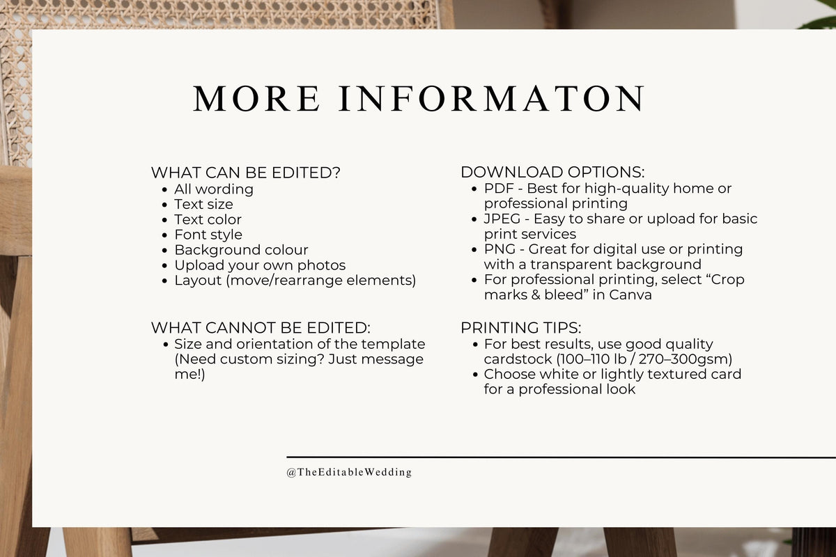 More information page for unplugged wedding ceremony sign printable, editable wedding sign details, printing options and Canva customization information