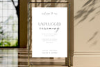 modern gold frame unplugged ceremony sign template, elegant wedding welcome sign printable, luxury wedding signage canva template, minimalist neutral wedding decor sign, indoor ceremony styling