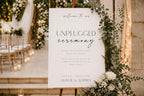 minimalist unplugged ceremony wedding sign printable, elegant wedding welcome sign template, phone free ceremony signage, modern serif and script wedding decor, neutral wedding sign with greenery aisle setup