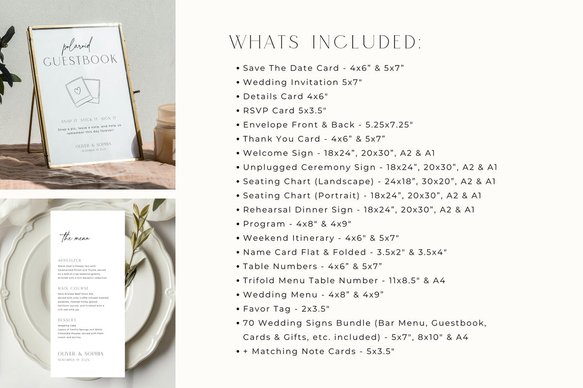 Elegant editable wedding signage bundle template with minimalist serif fonts, wedding welcome signs, unplugged ceremony sign, seating chart, and printable wedding decor