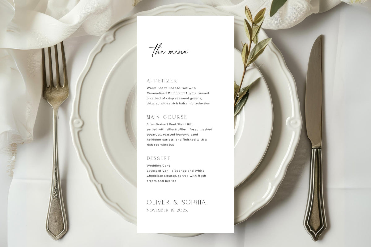 minimalist wedding menu template 4x9 inch, elegant neutral place setting with white plate and linen napkin, editable canva wedding menu card, modern serif wedding stationery