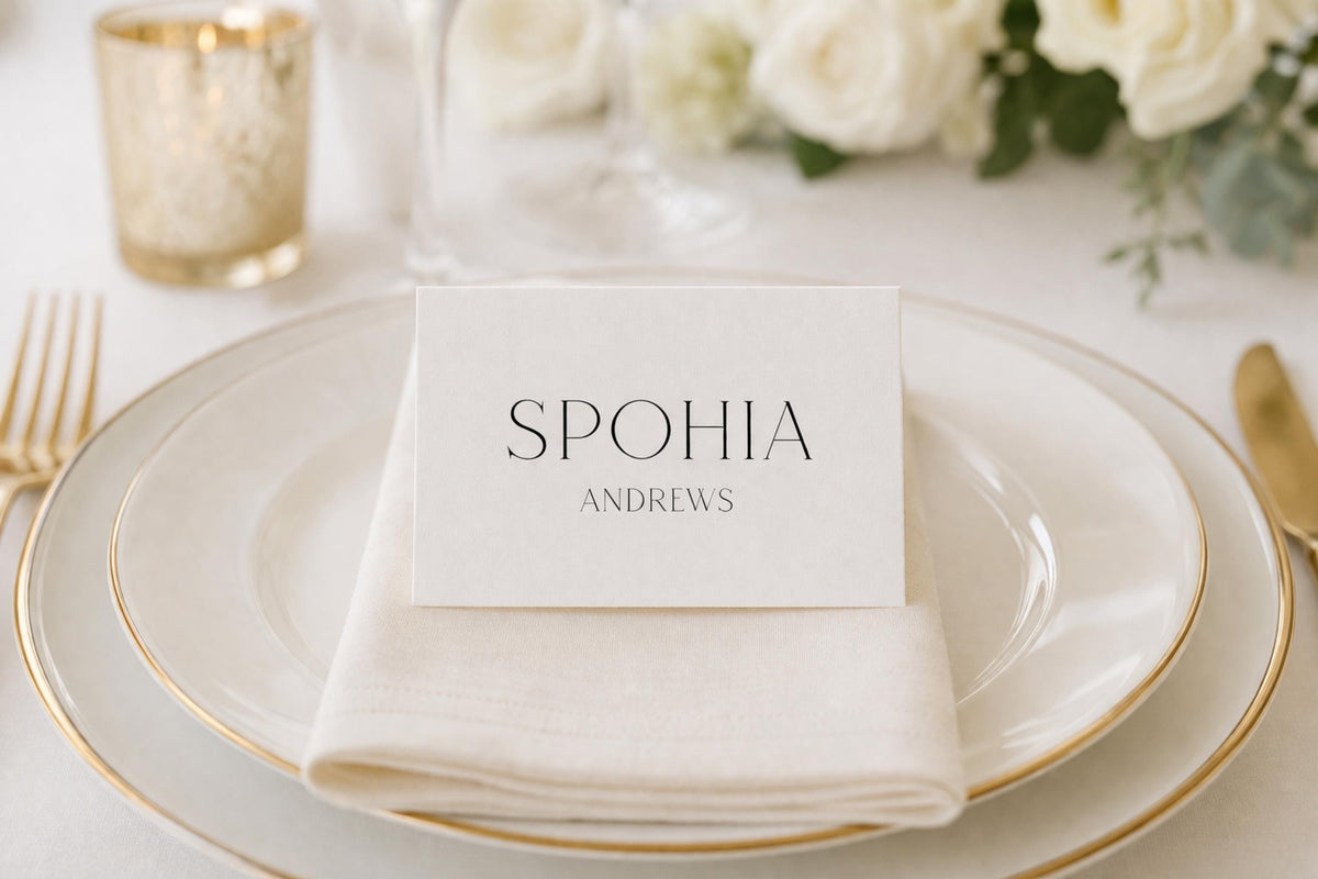 minimalist wedding place card mockup, elegant name card on plate setting, ivory napkin gold rim plate, modern serif typography wedding table decor, neutral luxury wedding aesthetic