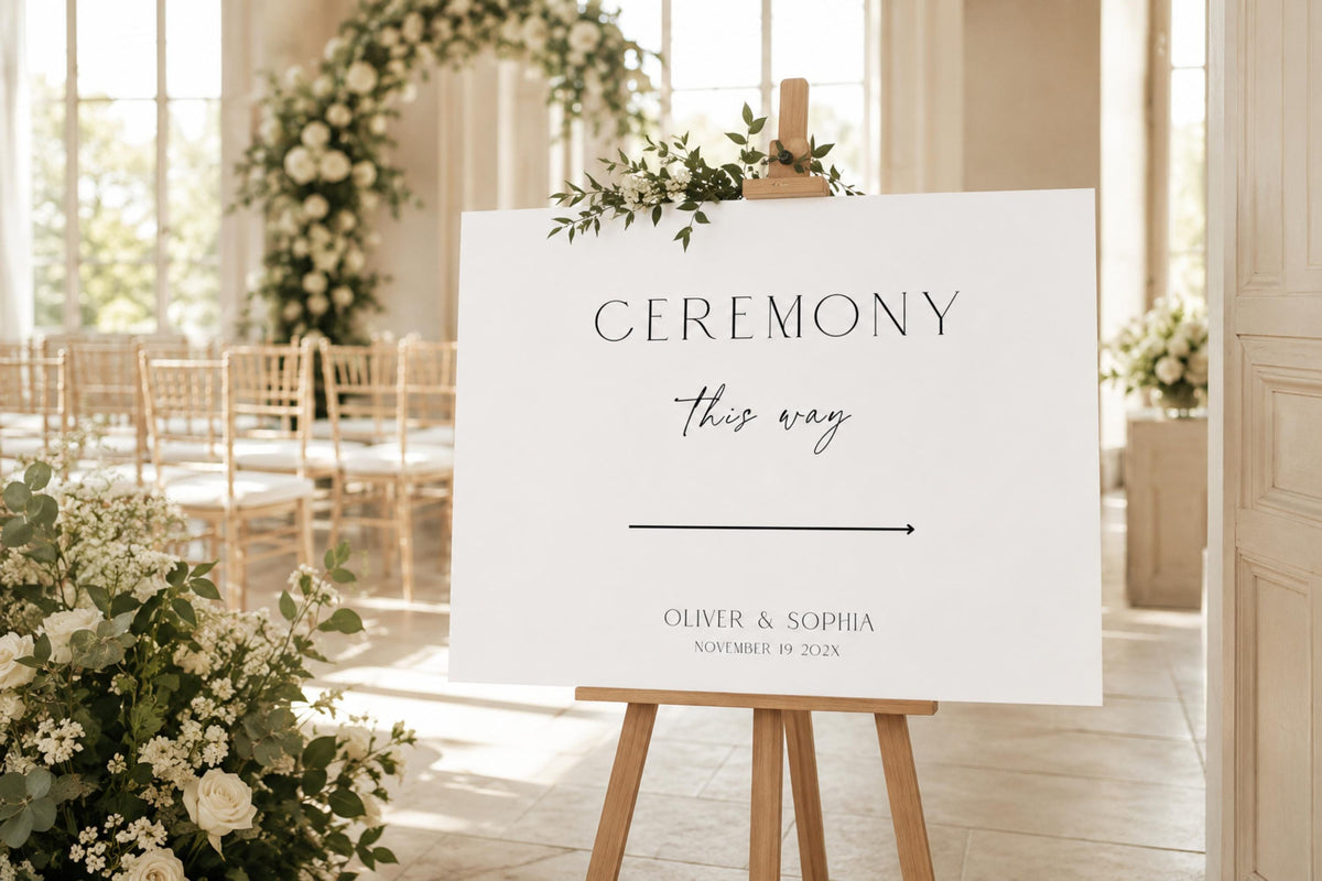 Minimalist wedding ceremony sign template editable in Canva, modern ceremony this way wedding sign, printable wedding welcome signage, elegant black and white wedding decor, editable wedding direction sign, instant download wedding template.